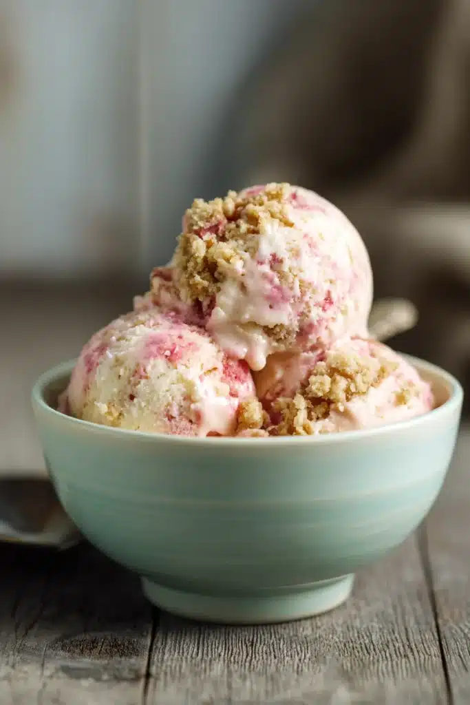 Rhubarb Crumble Ice Cream scoops with crunchy topping in pink bowl