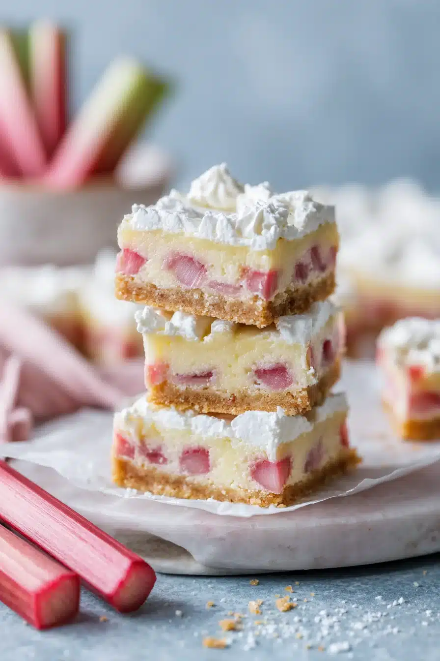 Rhubarb custard bars with creamy topping and buttery crust stacked on parchment