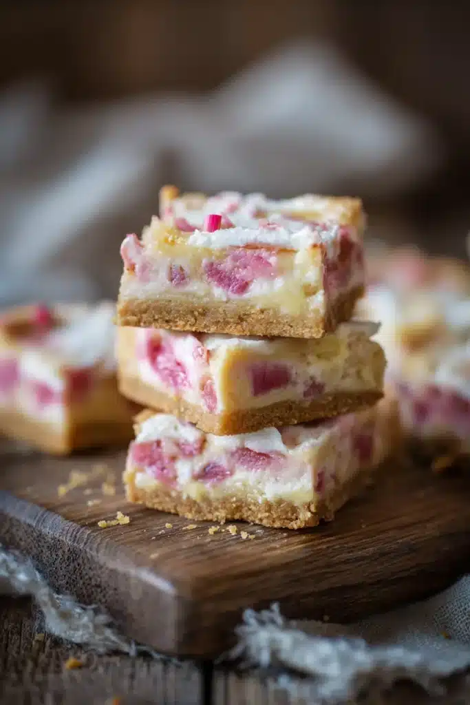 Close up rhubarb custard bars with creamy topping and golden crust on wooden board