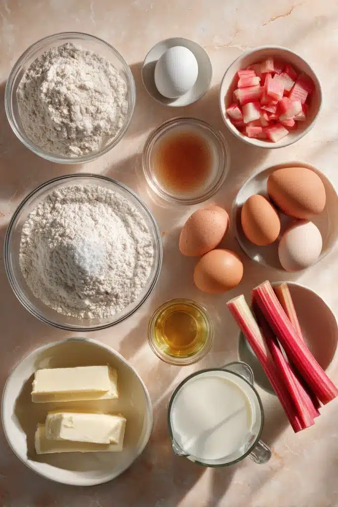 Ingredients for rhubarb custard bars including flour, sugar, eggs, butter, and fresh rhubarb