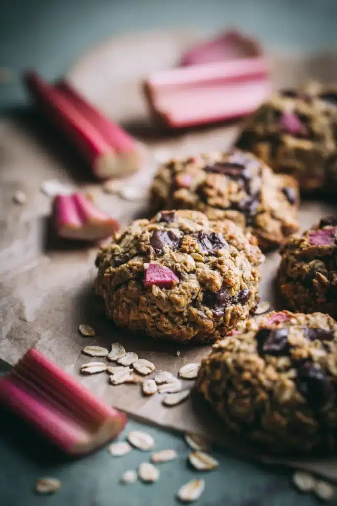 Rhubarb oatmeal cookies dough on parchment paper before baking
