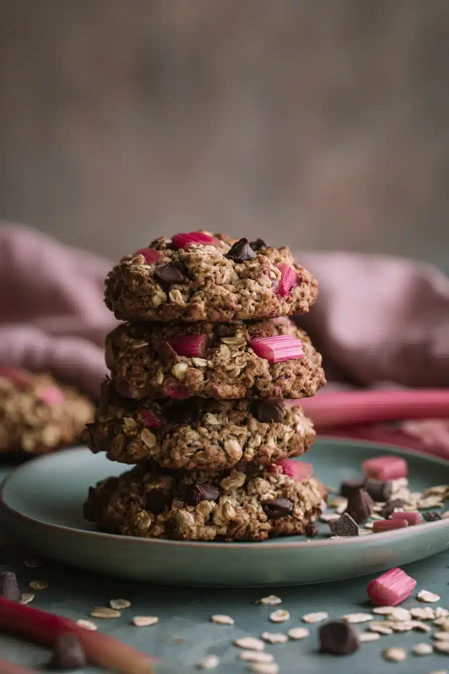 Rhubarb oatmeal cookies with chocolate chips on a plate
