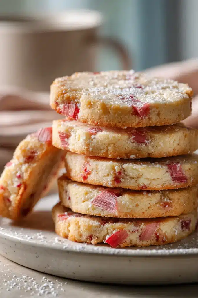 Rhubarb shortbread cookie with icing drizzle on plate in cozy kitchen