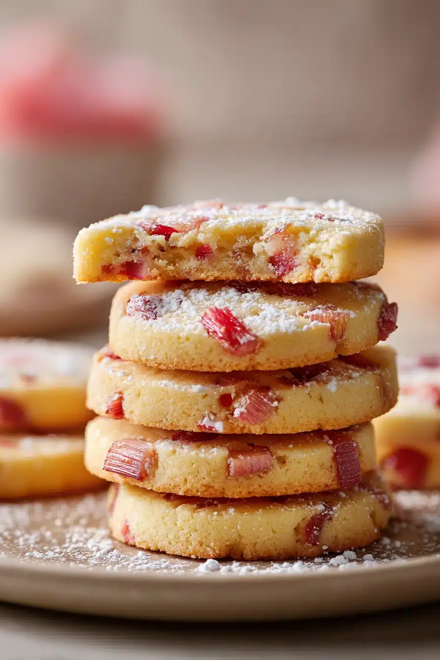 Rhubarb shortbread cookies with powdered sugar and soft crumb texture
