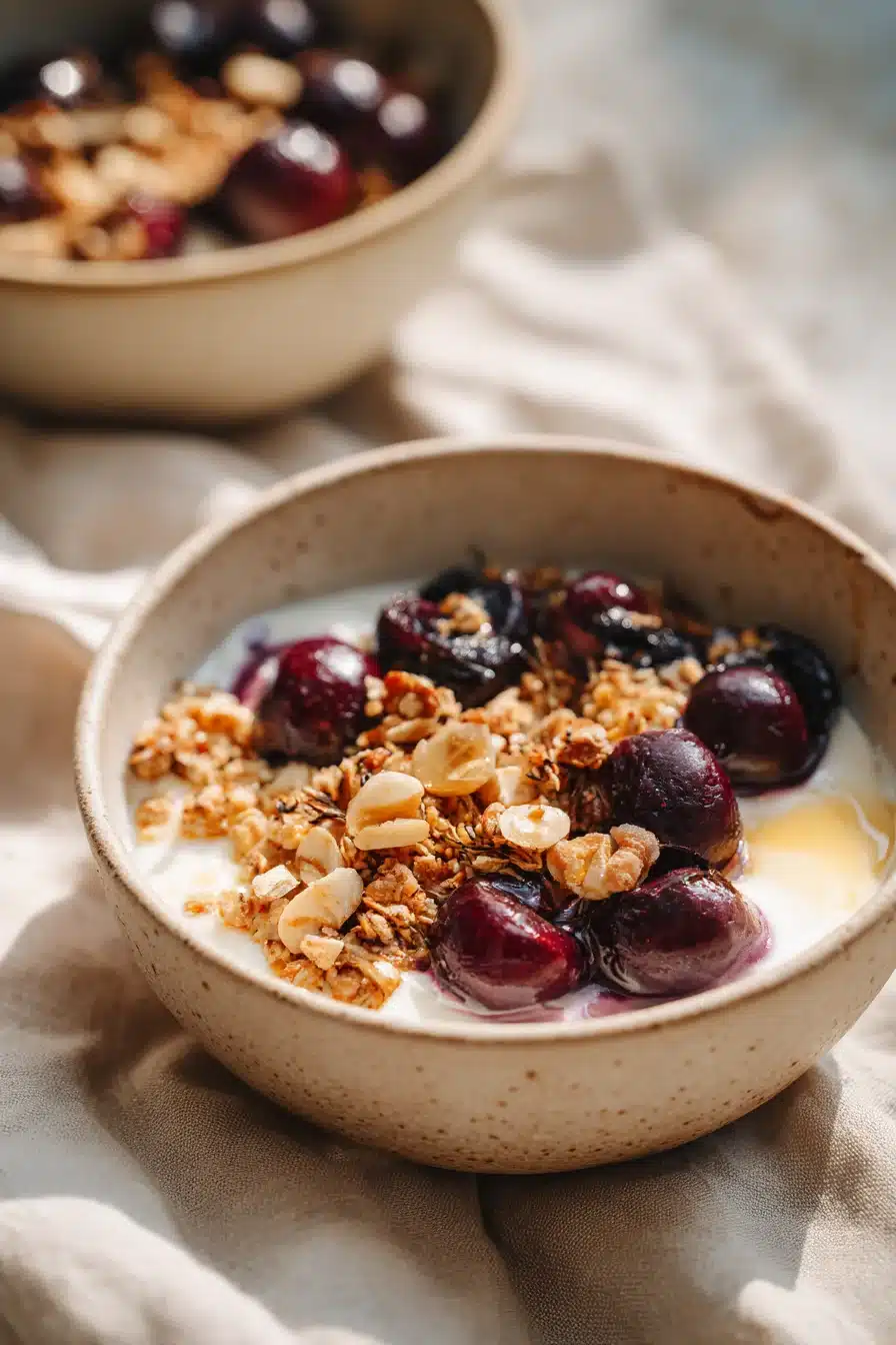 Roasted cherry yogurt bowl with granola and honey drizzle