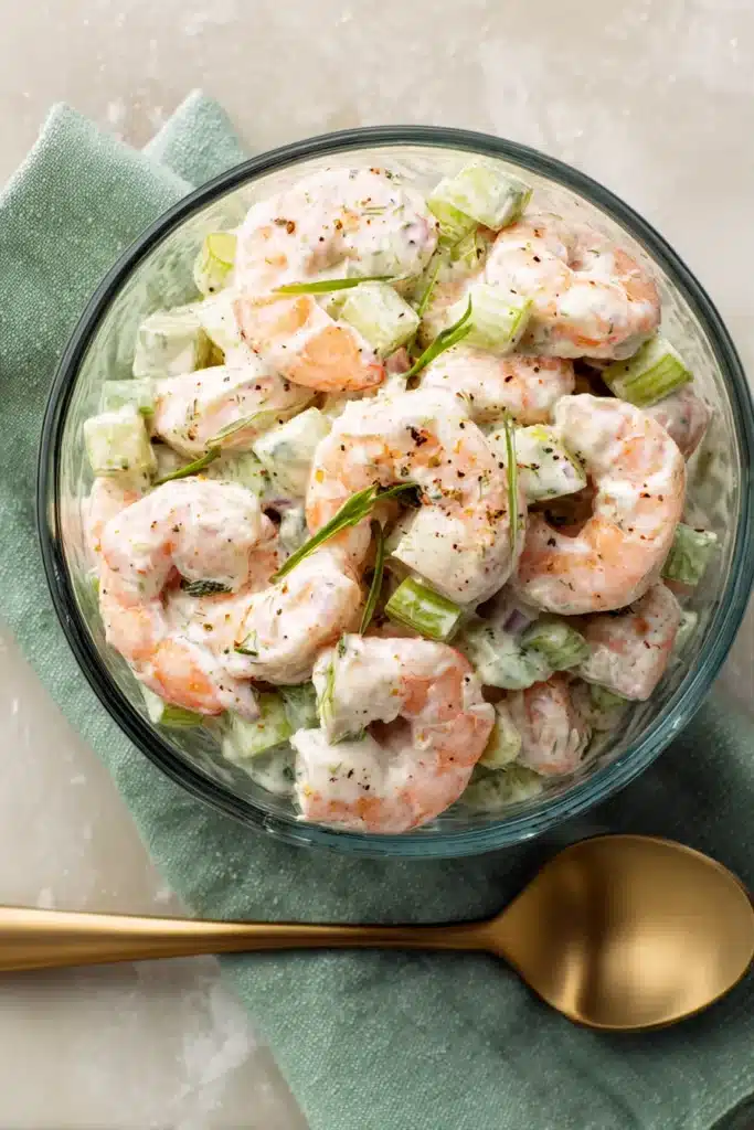 Shrimp Avocado Salad 3 Creamy shrimp avocado salad in glass bowl with herbs and diced celery