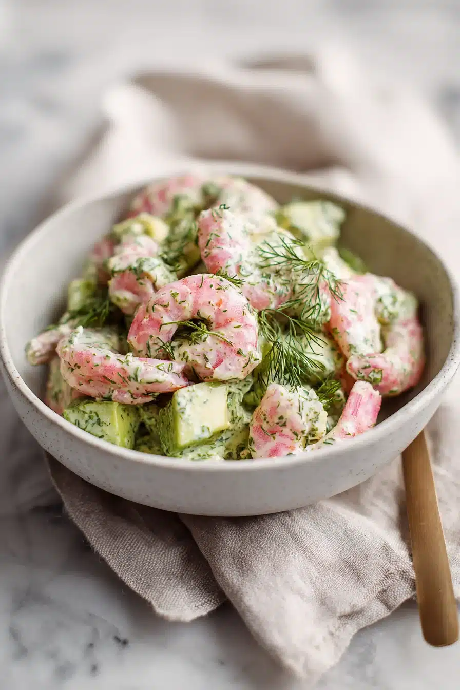 Creamy shrimp avocado salad with dill in a white bowl