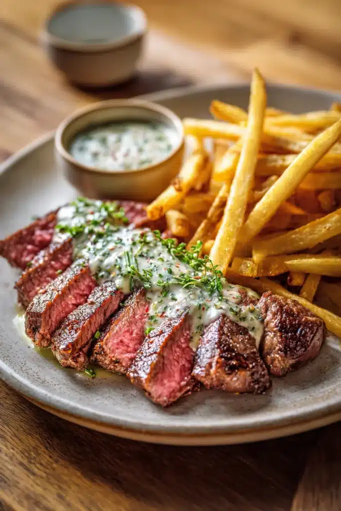 Steak frites with crispy fries and creamy béarnaise sauce over sliced ribeye steak