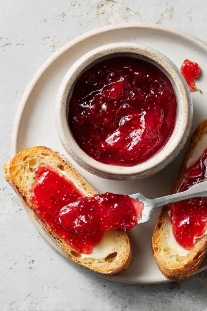Top view strawberry rhubarb jam with buttered bread and glossy homemade texture