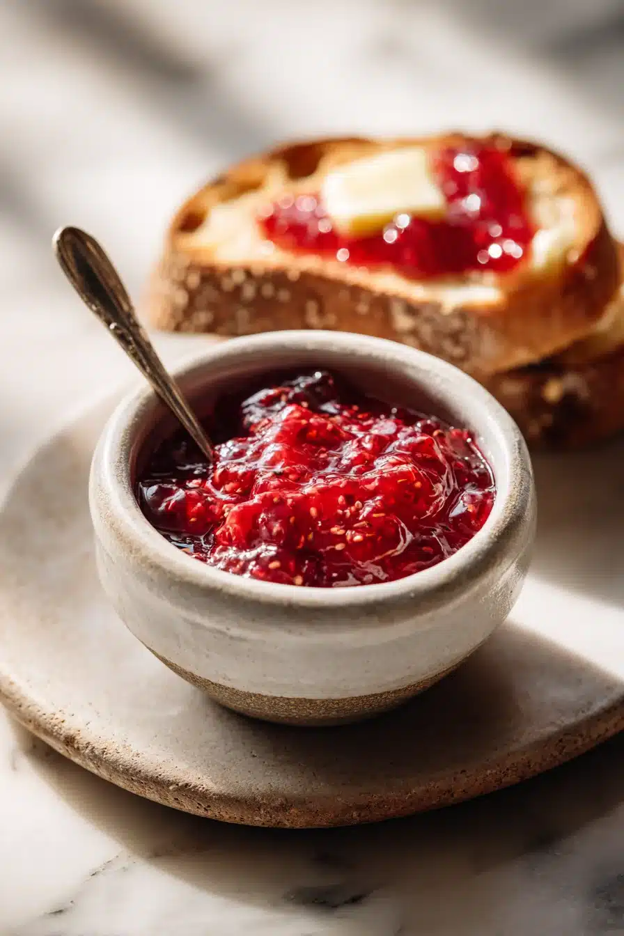 Strawberry rhubarb jam in a bowl with buttered toast and glossy homemade texture