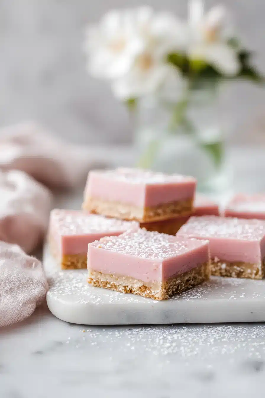 Vegan rhubarb curd bars with pink filling and shortbread crust dusted with powdered sugar