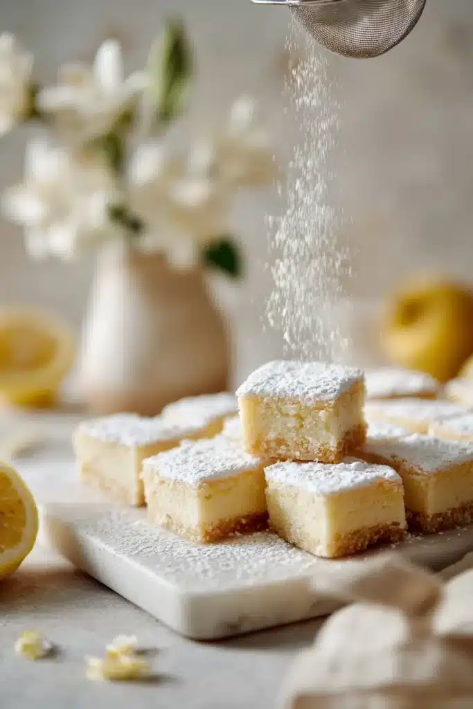 Pink dessert squares dusted with powdered sugar on marble surface