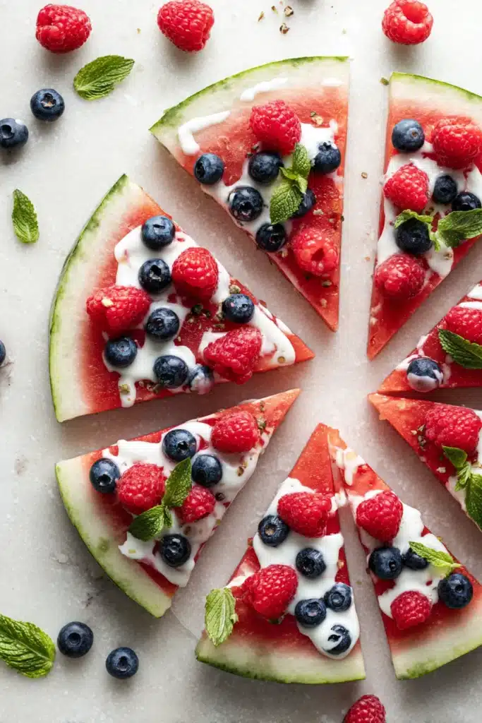 Watermelon fruit pizza slices with yogurt, berries, and mint on marble surface