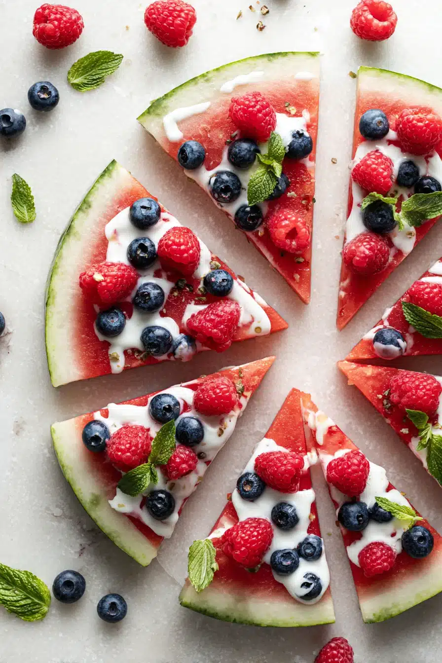 Watermelon fruit pizza slices with yogurt, berries, and mint on marble surface