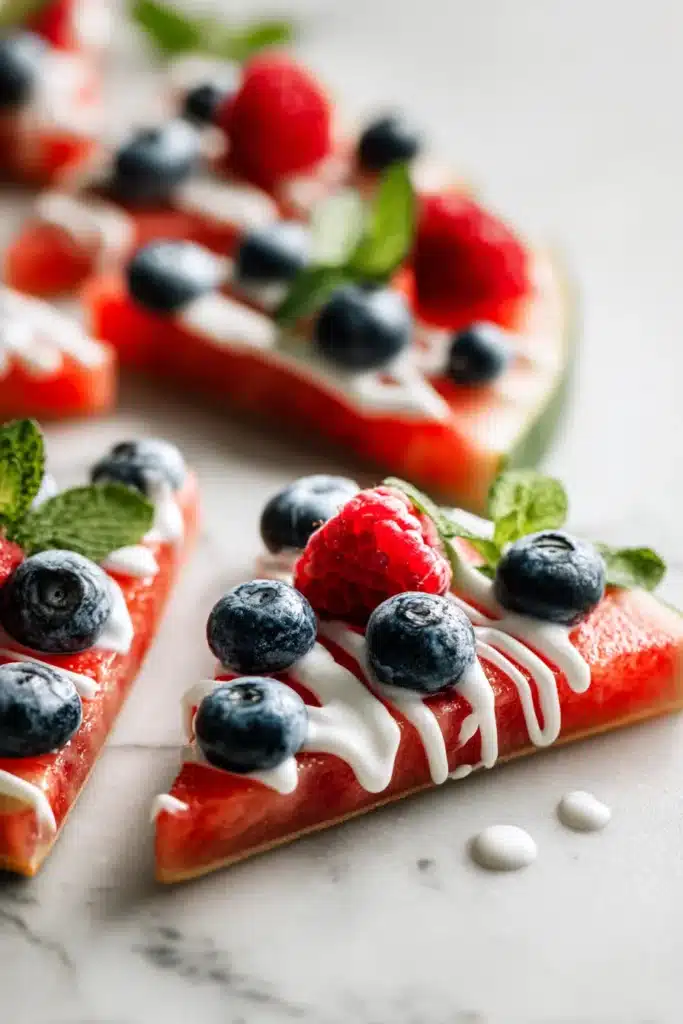 Watermelon Fruit Pizza slices with yogurt, berries, and mint on cutting board