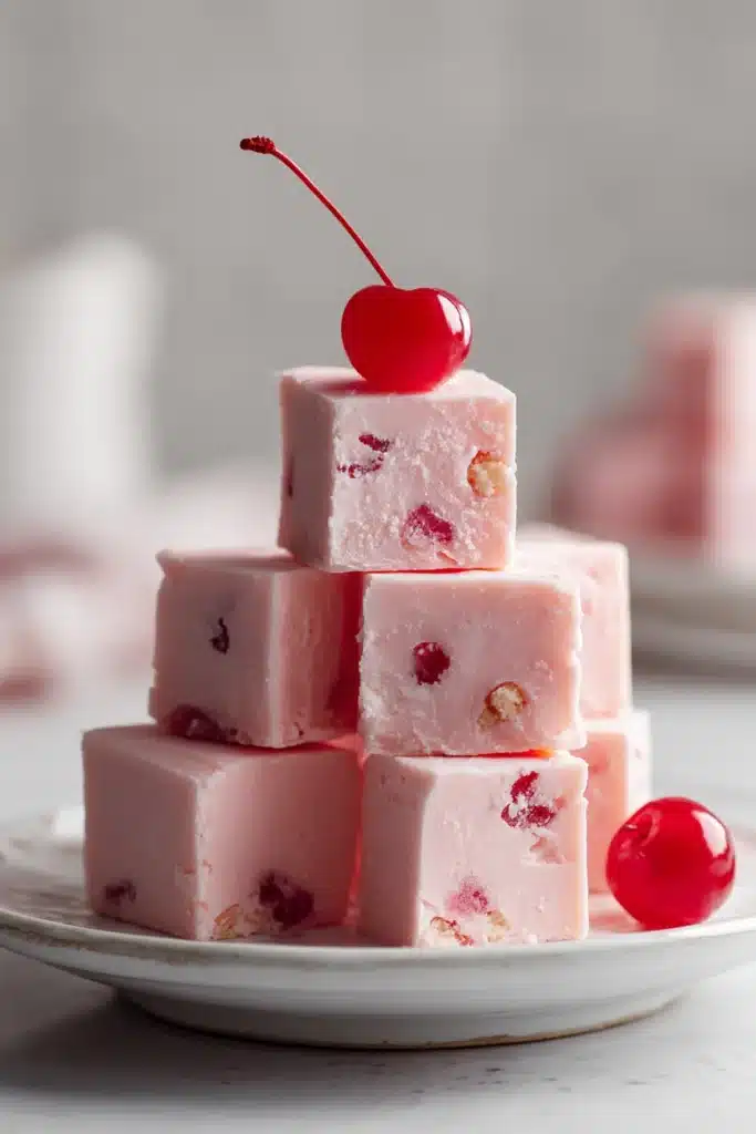 pink cherry fudge cubes stacked on plate creamy dessert