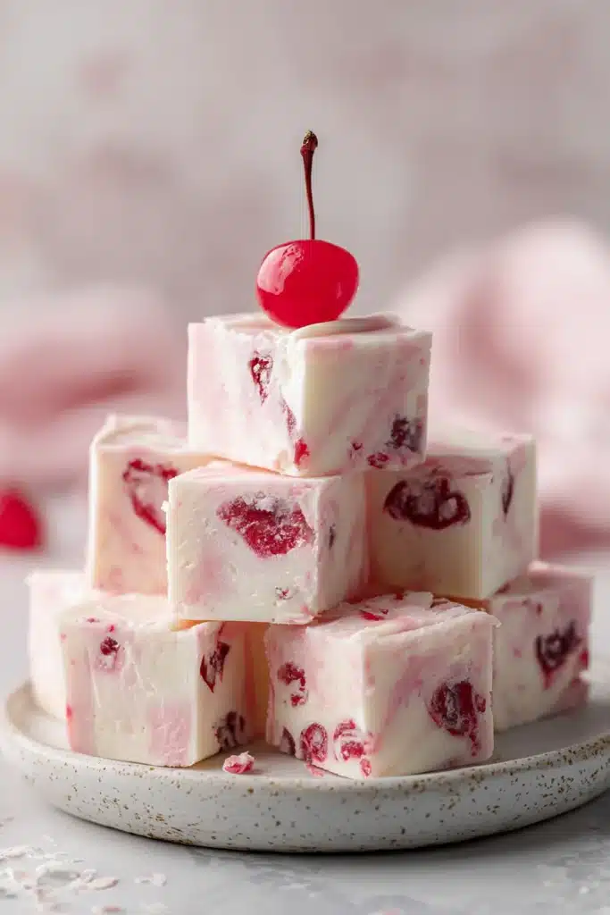 White chocolate cherry fudge cubes stacked on plate with glossy cherry topping