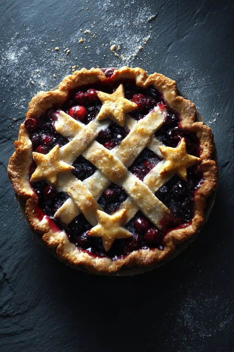 American berry pie with star crust and glossy berry filling on rustic surface