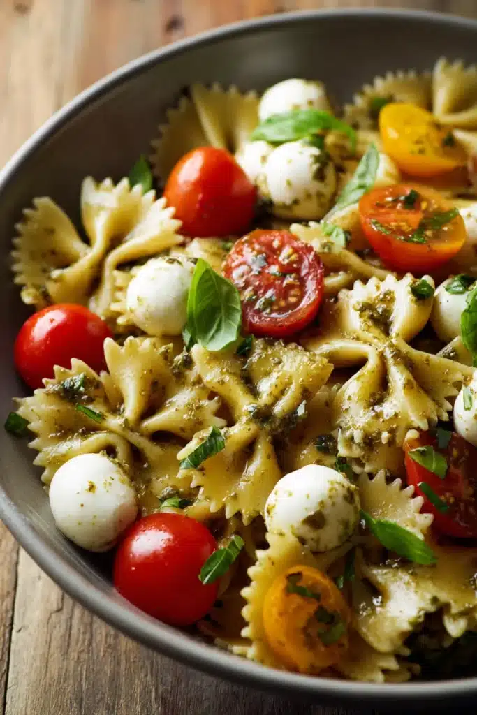 Bow tie pasta salad with pesto, cherry tomatoes, basil, and mozzarella in a bowl
