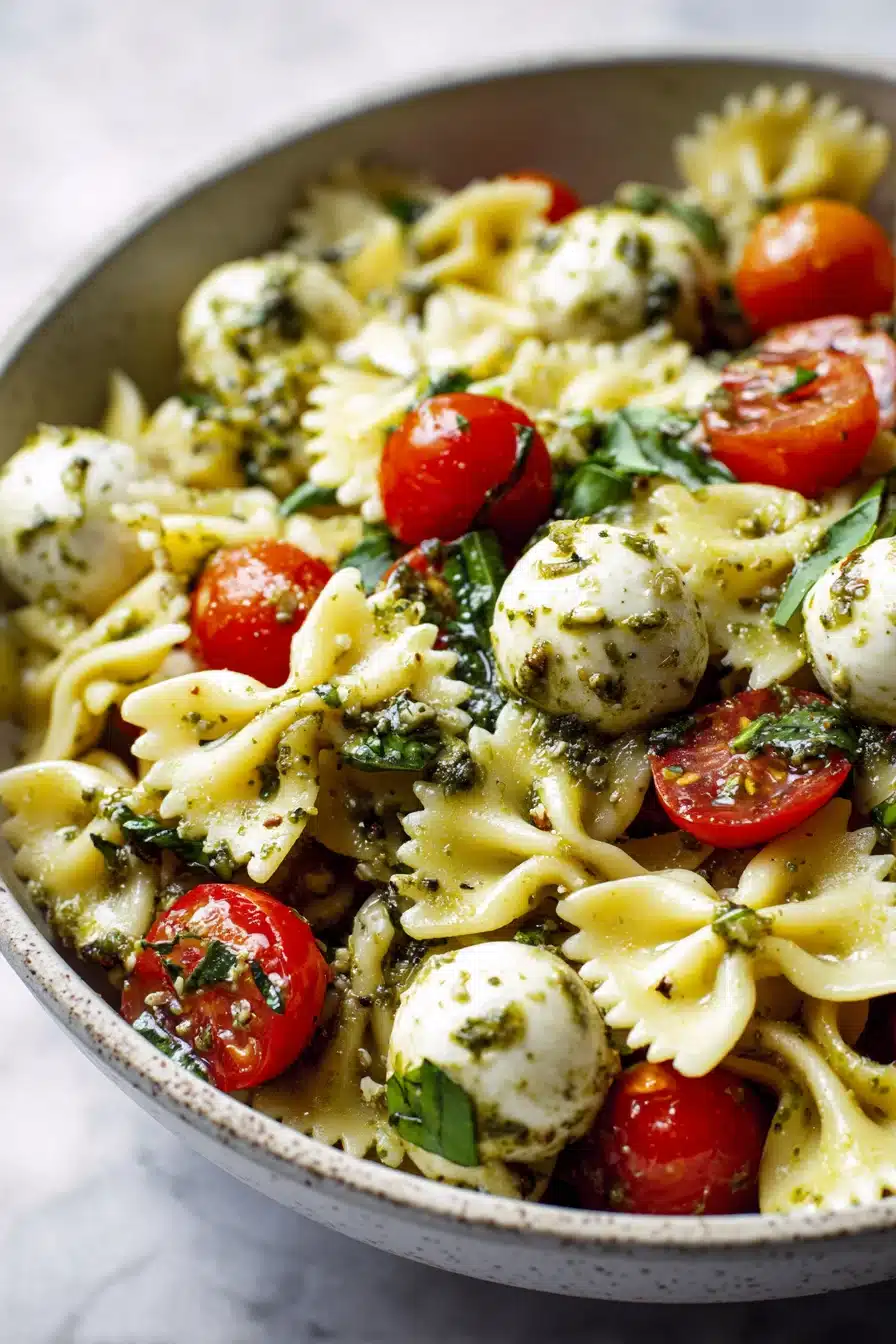 Bow tie pasta salad with pesto, cherry tomatoes, and mozzarella in a white bowl