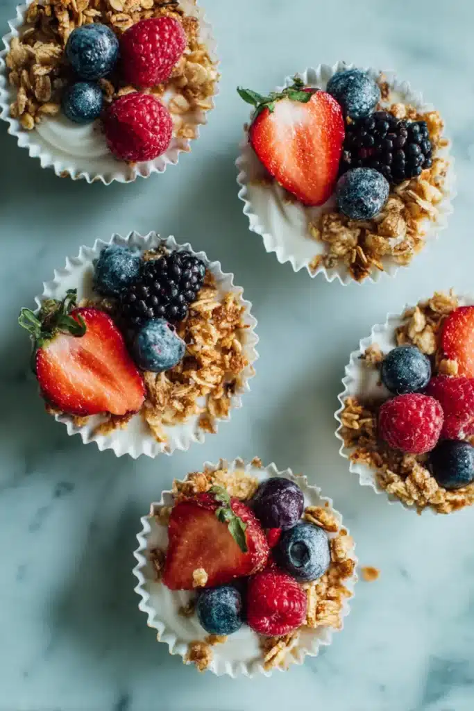Frozen Yogurt Granola Cups topped with berries and crunchy granola