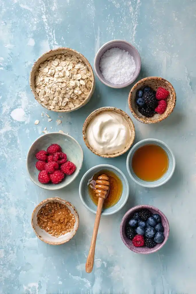 Frozen Yogurt Granola Cups ingredients with oats, yogurt, berries and honey