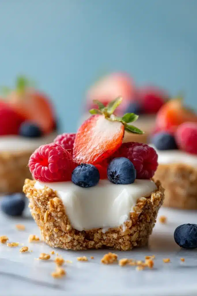 Frozen yogurt granola cups with berries and creamy yogurt filling on marble surface