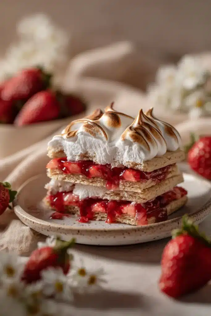 strawberry rhubarb cookies with meringue topping and jam filling close-up