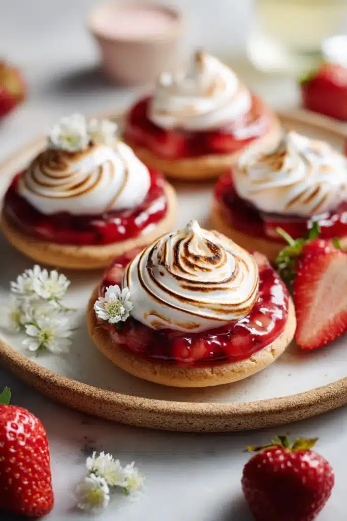 strawberry rhubarb pie cookies with meringue topping and glossy fruit filling