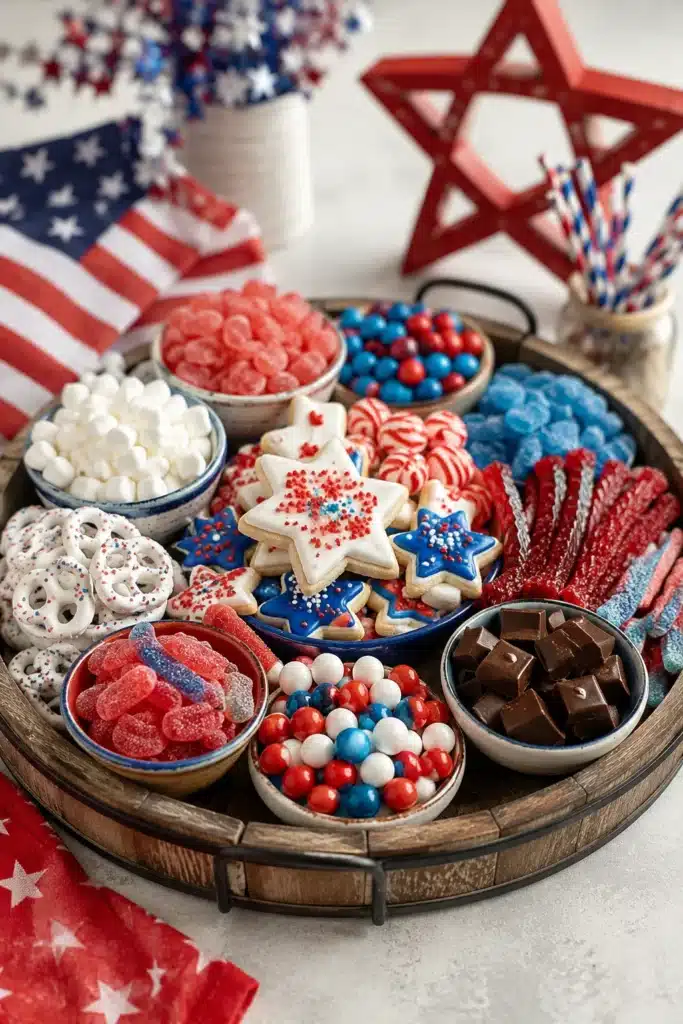 4th of July Charcuterie Board 3 4th of July charcuterie board with marshmallows candies and patriotic cookies