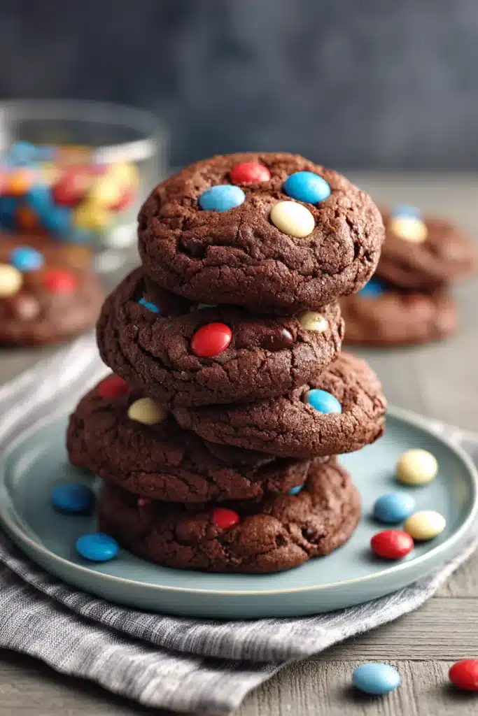 4th of July chocolate cookies with red white and blue candy toppings
