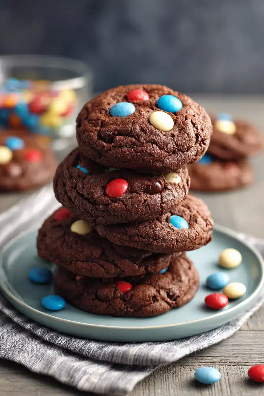 4th of July chocolate cookies with red white and blue candy toppings