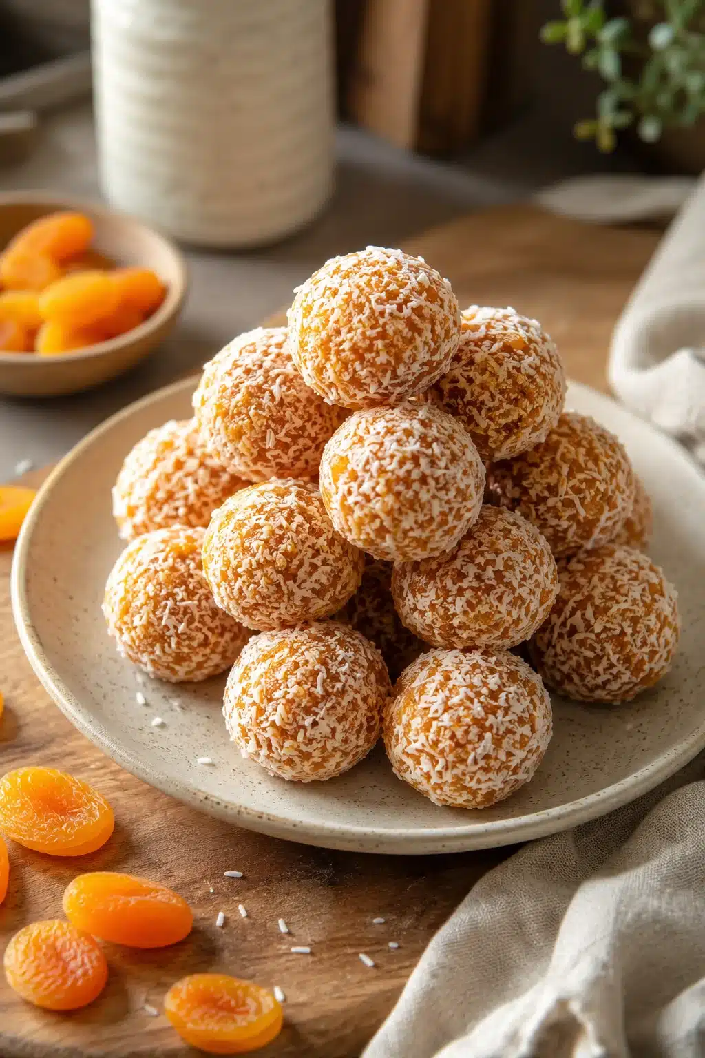 Apricot bliss balls coated in coconut on a plate with dried apricots