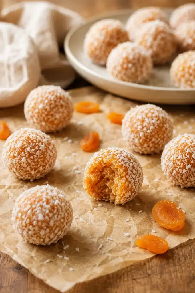 Apricot Bliss Balls 3 Apricot Bliss Balls with coconut coating and soft inside texture