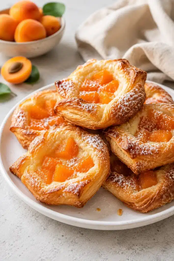 Apricot danish pastries with cream cheese and powdered sugar on a plate