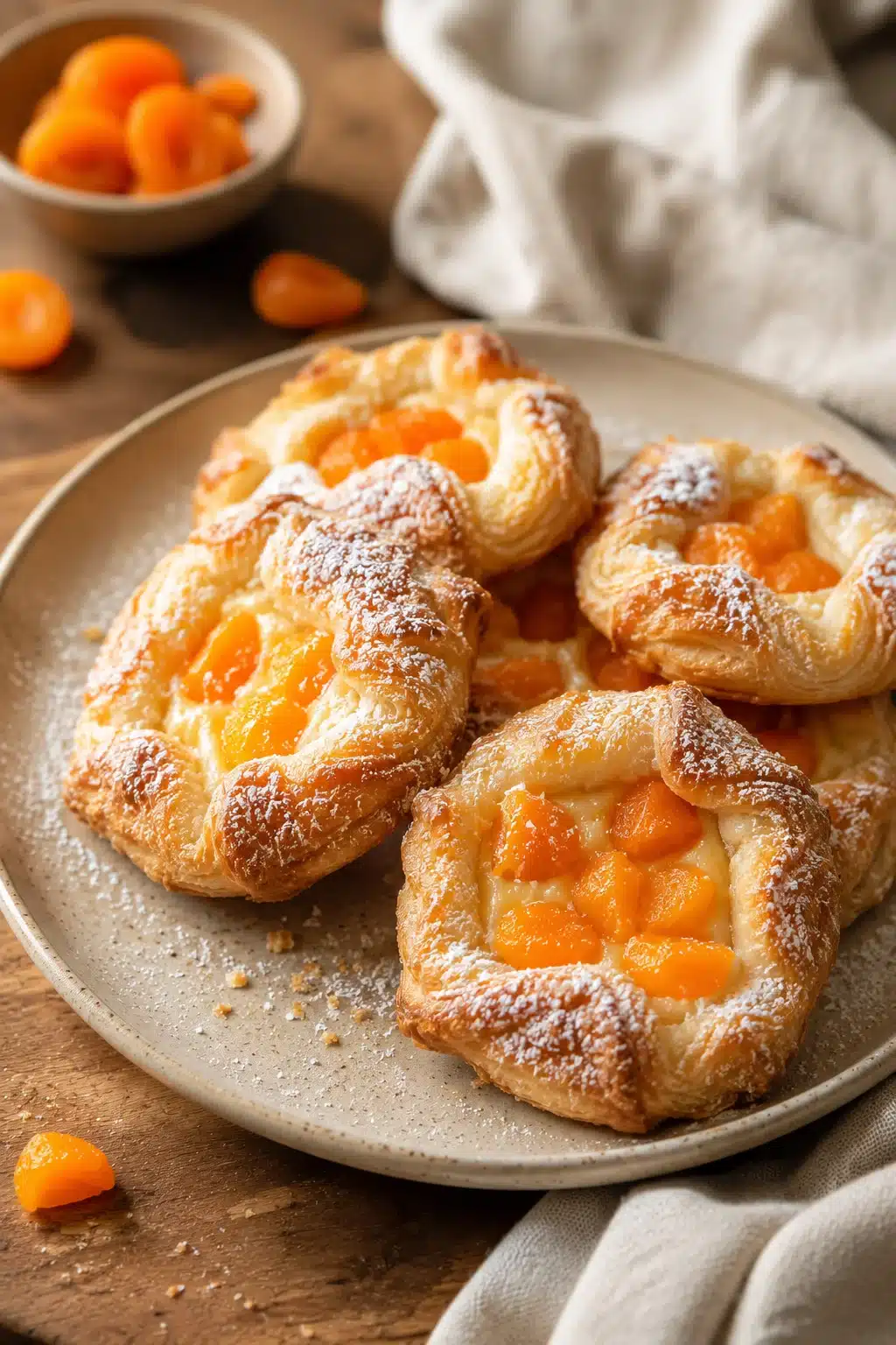 Apricot danish pastries with cream cheese and powdered sugar on a plate