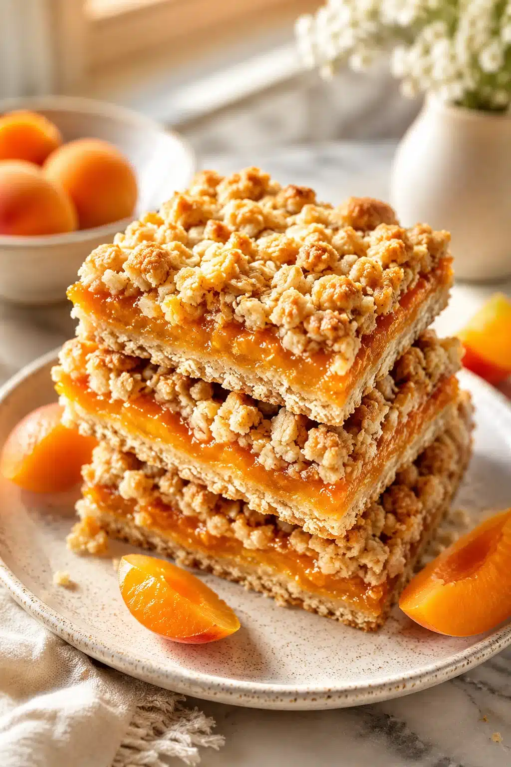 Apricot oatmeal crumble bars with golden topping and fruity filling on cooling rack