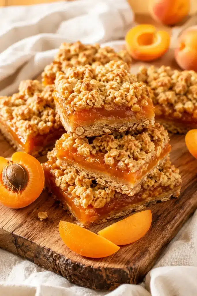 Apricot oatmeal crumble bars with golden topping and fruity apricot filling on rack