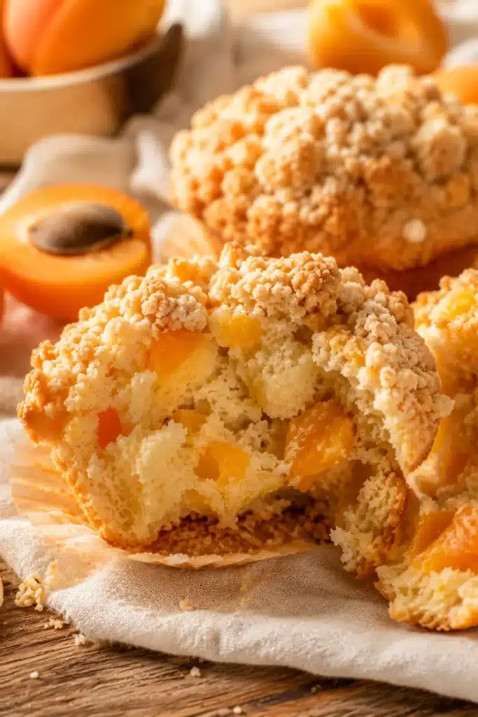 Bitten apricot yogurt muffin showing soft interior and fruit pieces