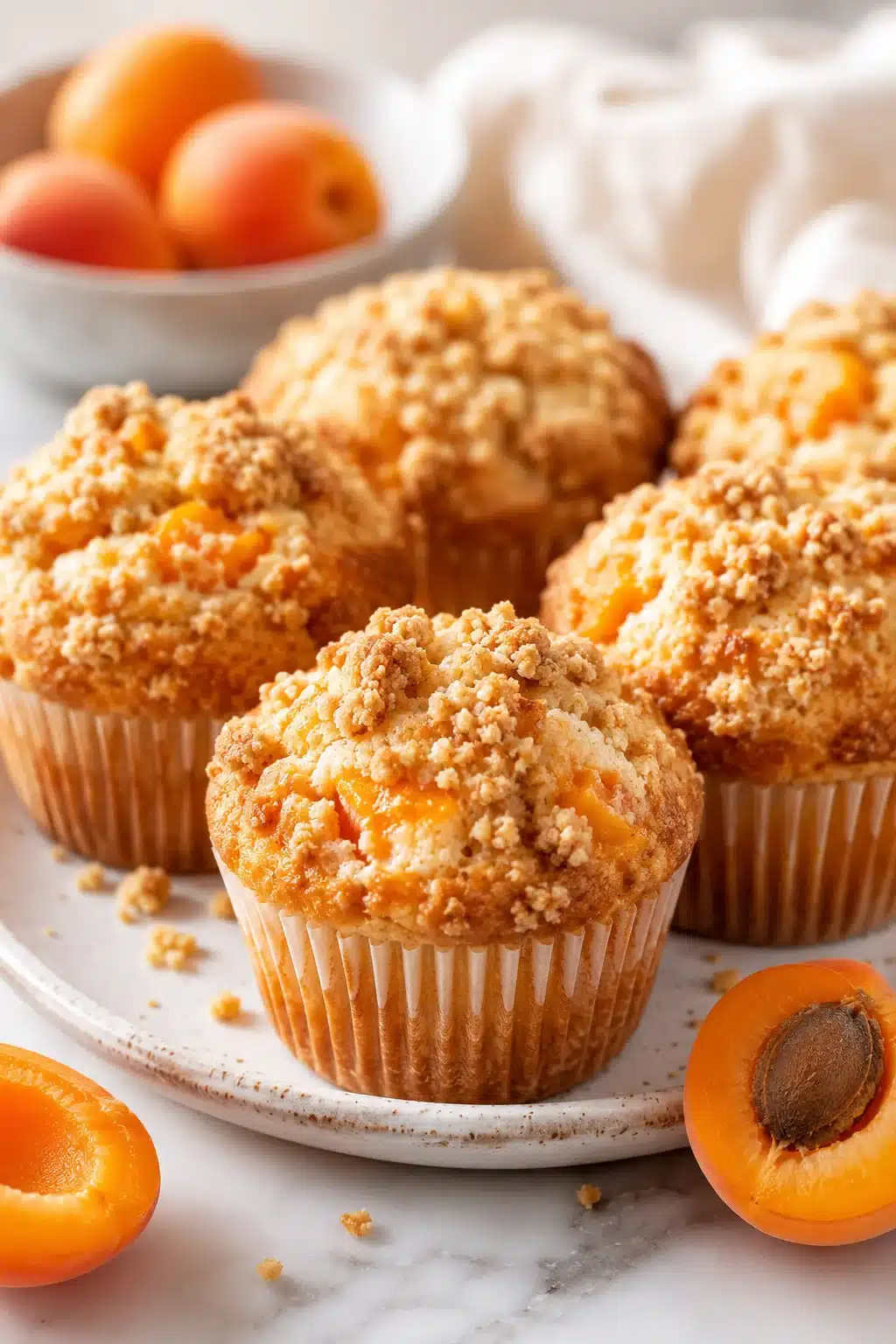 Apricot yogurt muffins with crumb topping on marble surface