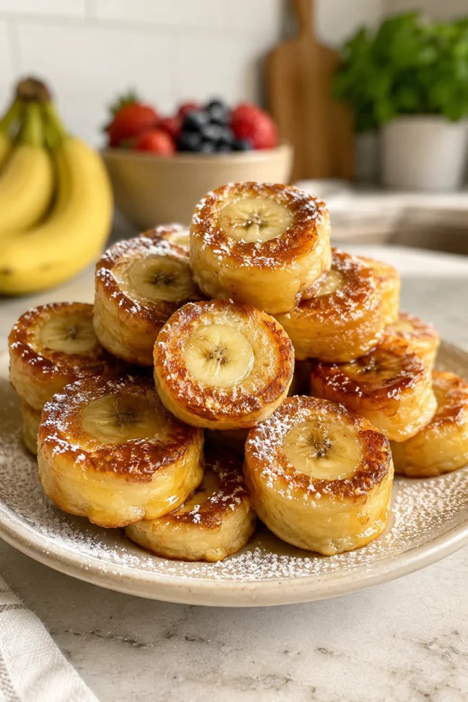 Banana pancake bites stacked with powdered sugar and golden crispy edges