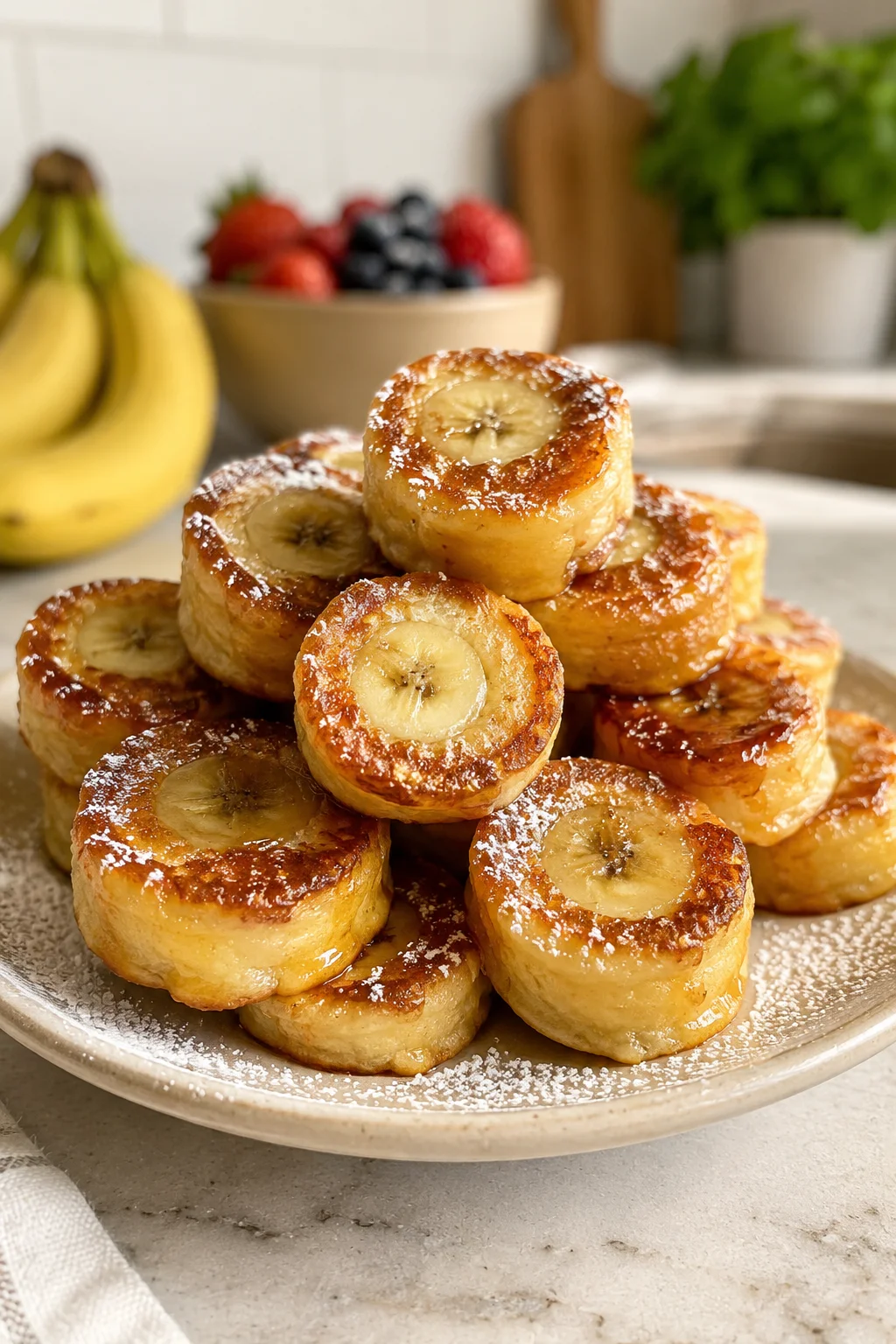 Banana pancake bites stacked with powdered sugar and golden crispy edges