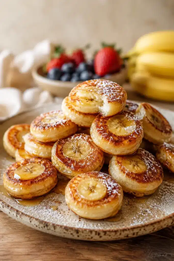 Banana Pancake Bites 3 Golden banana pancake bites stacked with powdered sugar and soft fluffy centers
