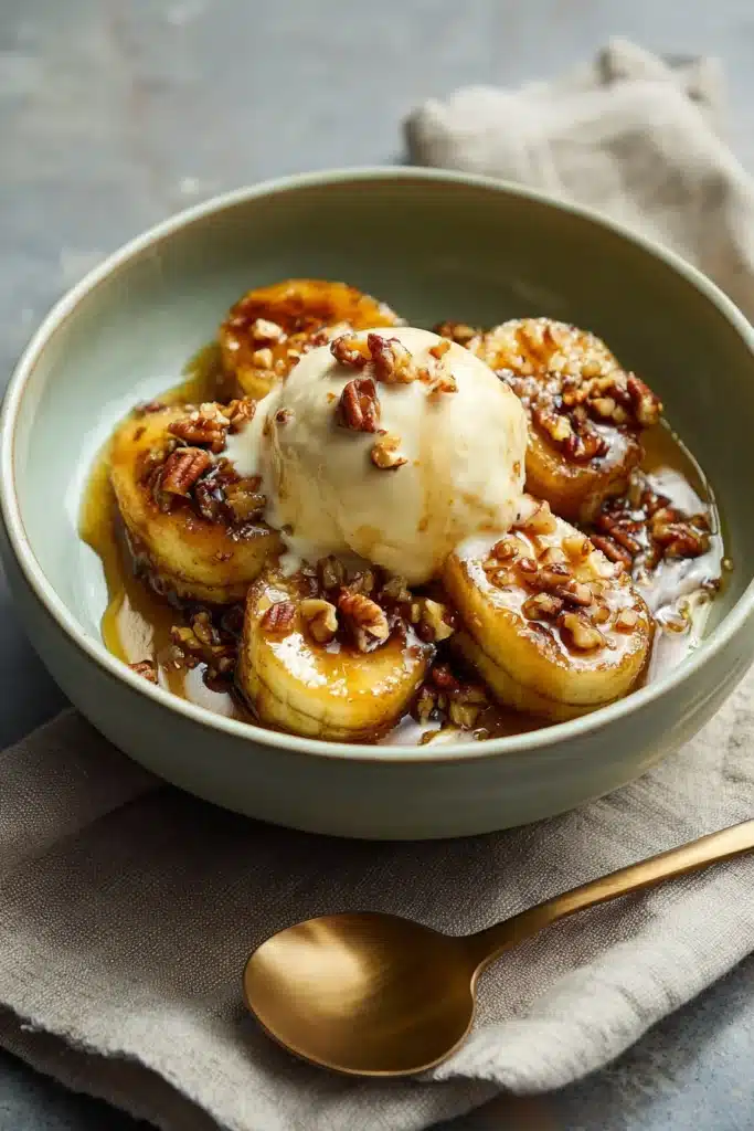 Bananas Foster with vanilla ice cream, caramel sauce, and pecans in a bowl