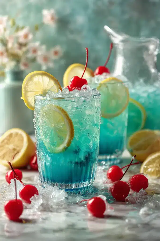 Blue Hawaiian Lemonade served over ice with cherries and lemon garnish in clear glasses