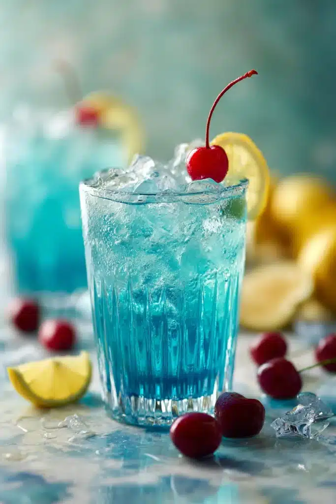 Blue Hawaiian Lemonade served over ice with maraschino cherry garnish