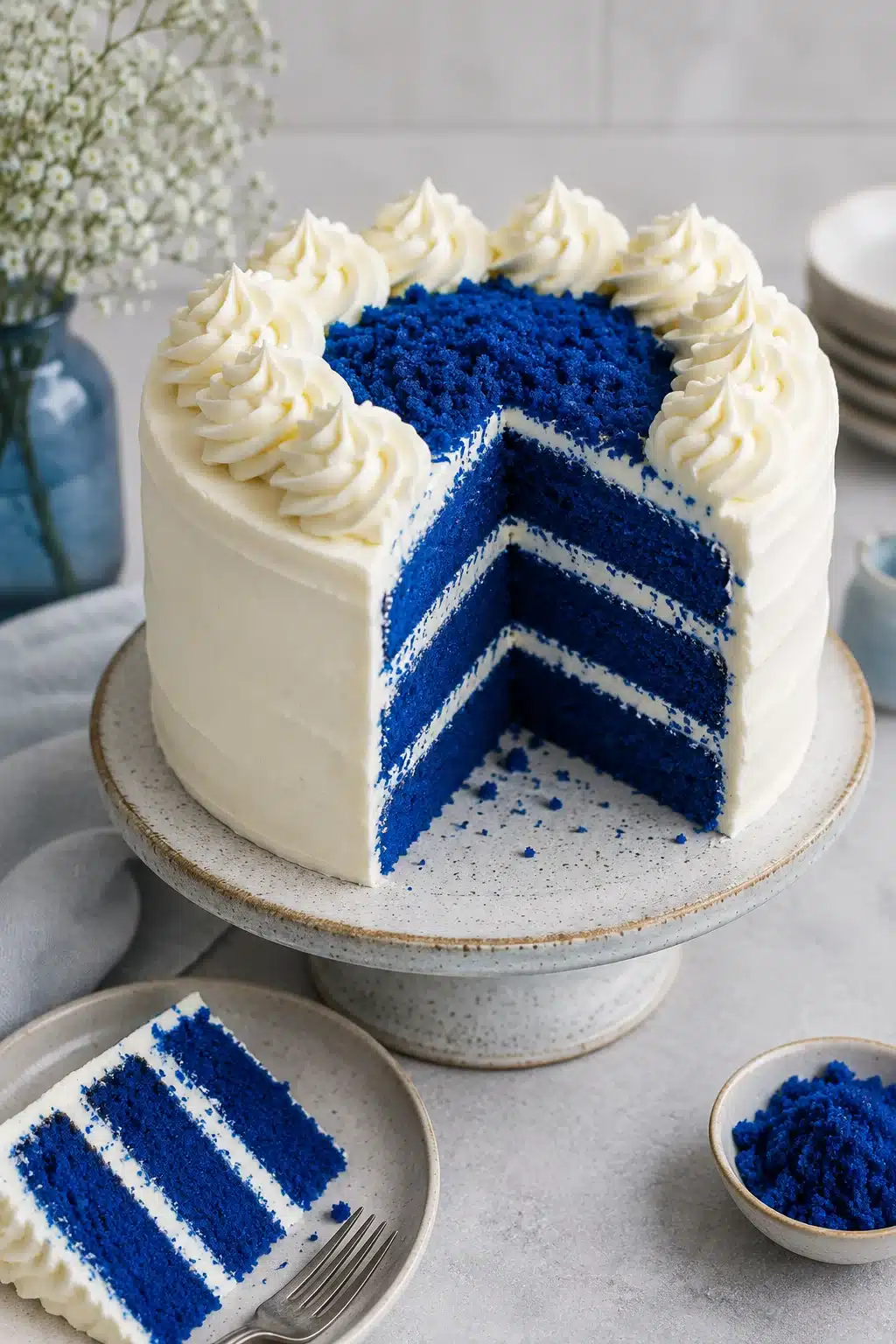 Blue velvet cake with cream cheese frosting and layered slices on a cake stand