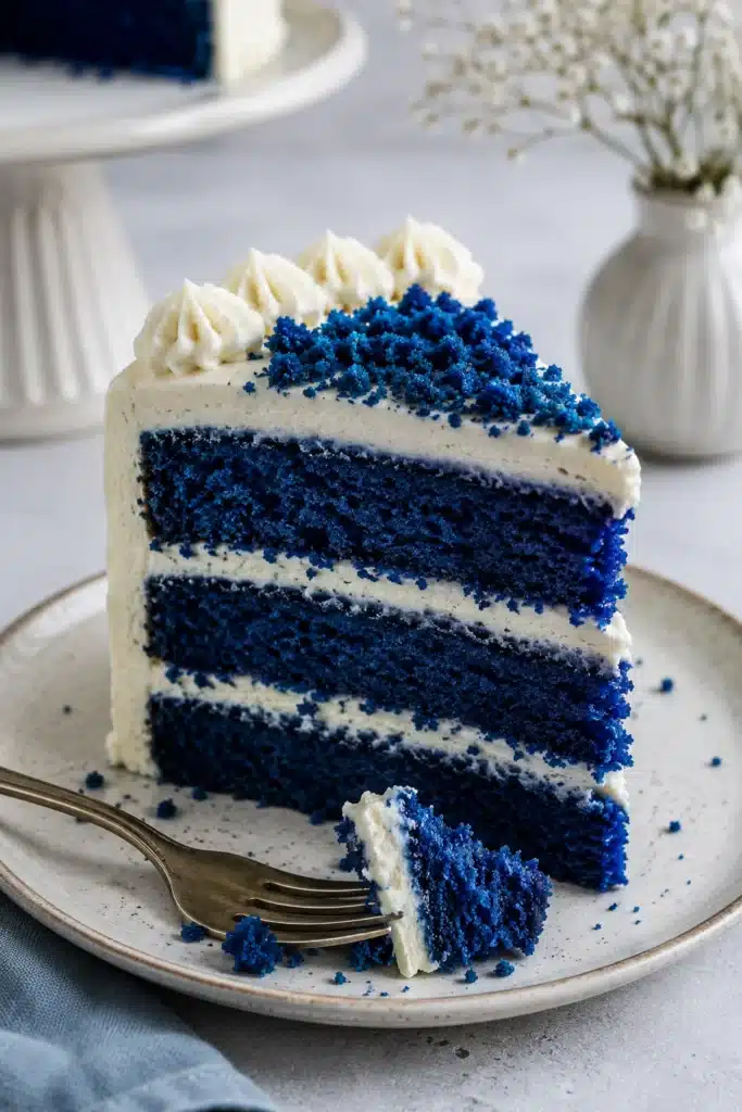 Blue Velvet Cake slice with creamy frosting layers on white plate