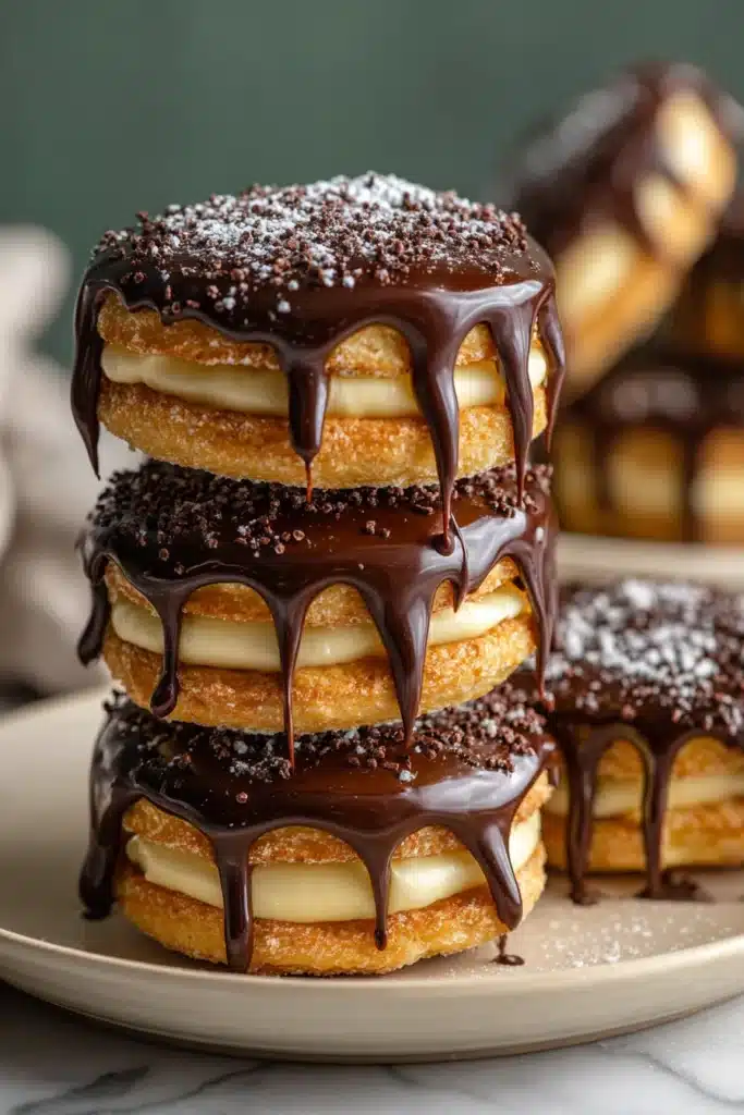 Boston Cream Pie Cookies with creamy filling and glossy chocolate drizzle