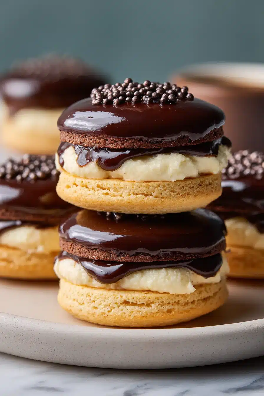 Boston Cream Pie Cookies stacked with creamy filling and glossy chocolate topping
